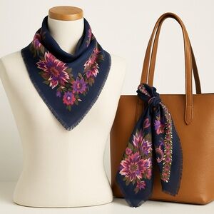 Challis by Berkshire Floral Scarf Made in Italy | Navy Multicolor Vintage